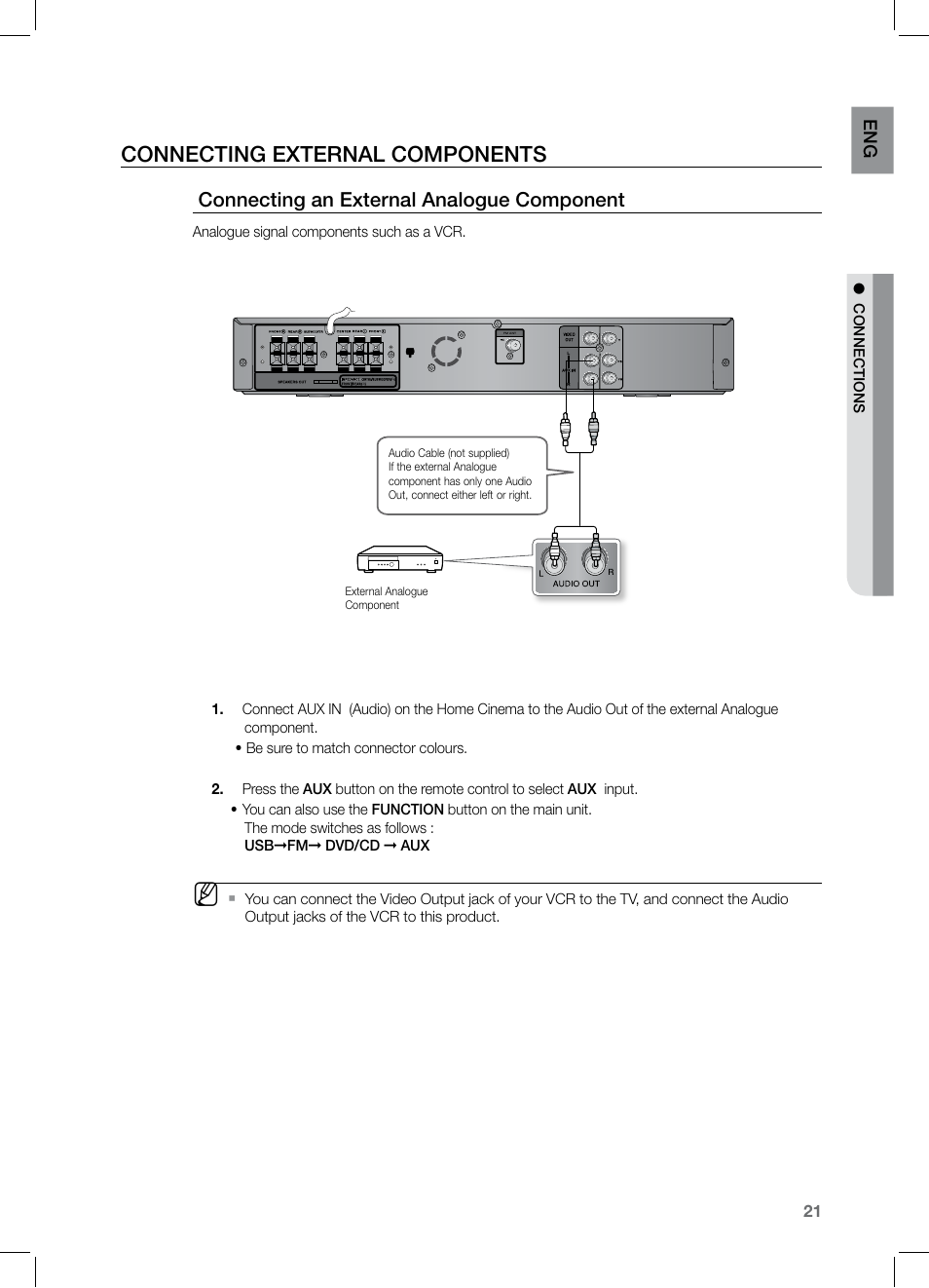 Connecting external components, Connecting an external analogue component, En g | Samsung HT-TZ122 User Manual | Page 22 / 60