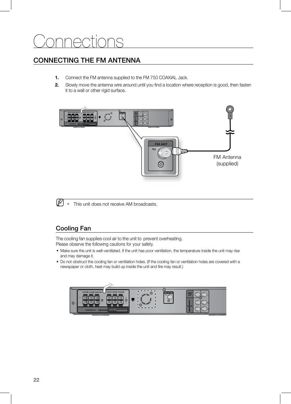 Connections, Connecting the fm antenna, Cooling fan | Samsung HT-TZ122 User Manual | Page 23 / 60