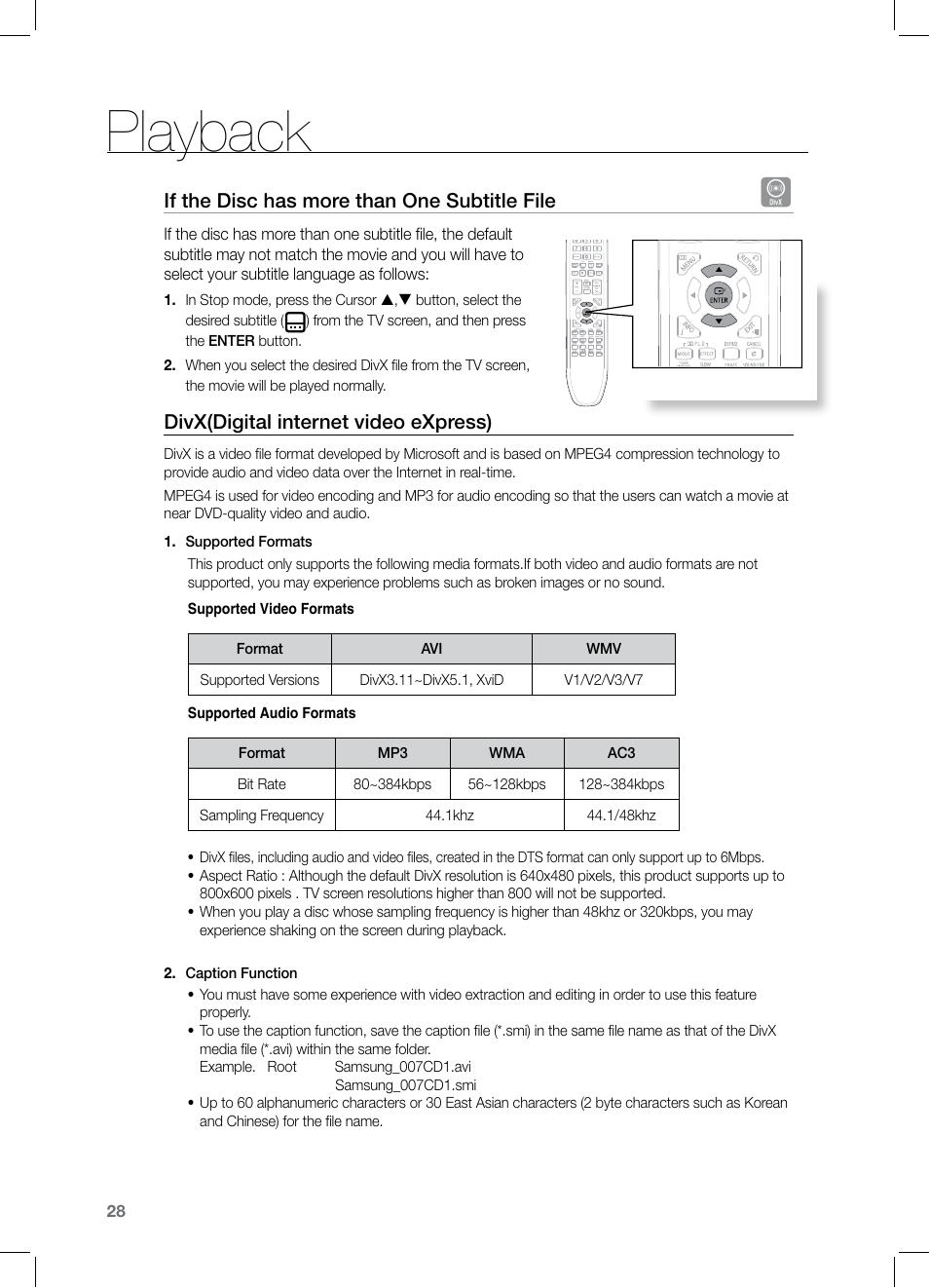 Playback, If the disc has more than one subtitle file, Divx(digital internet video express) | Samsung HT-TZ122 User Manual | Page 29 / 60