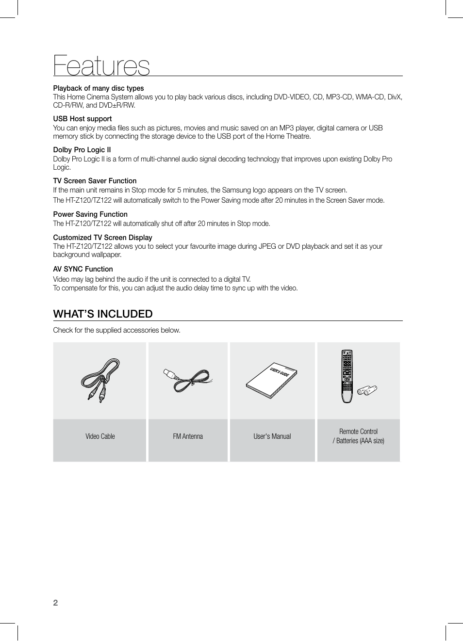 Features, What’s included | Samsung HT-TZ122 User Manual | Page 3 / 60