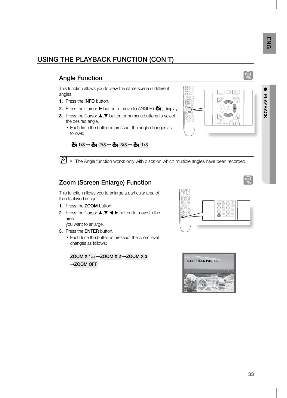 Using the playback function (con't), Angle function, Zoom (screen enlarge) function | Samsung HT-TZ122 User Manual | Page 34 / 60