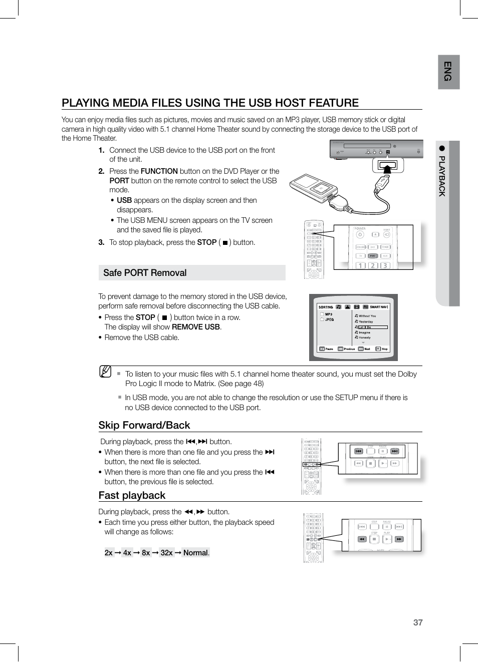 Playing media files using the usb host featu re, Playing media files using the usb host feature, Skip forward/back | Fast playback | Samsung HT-TZ122 User Manual | Page 38 / 60