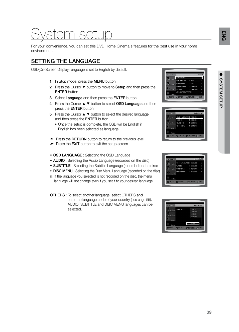 System setup, Setting the language, En g | Samsung HT-TZ122 User Manual | Page 40 / 60