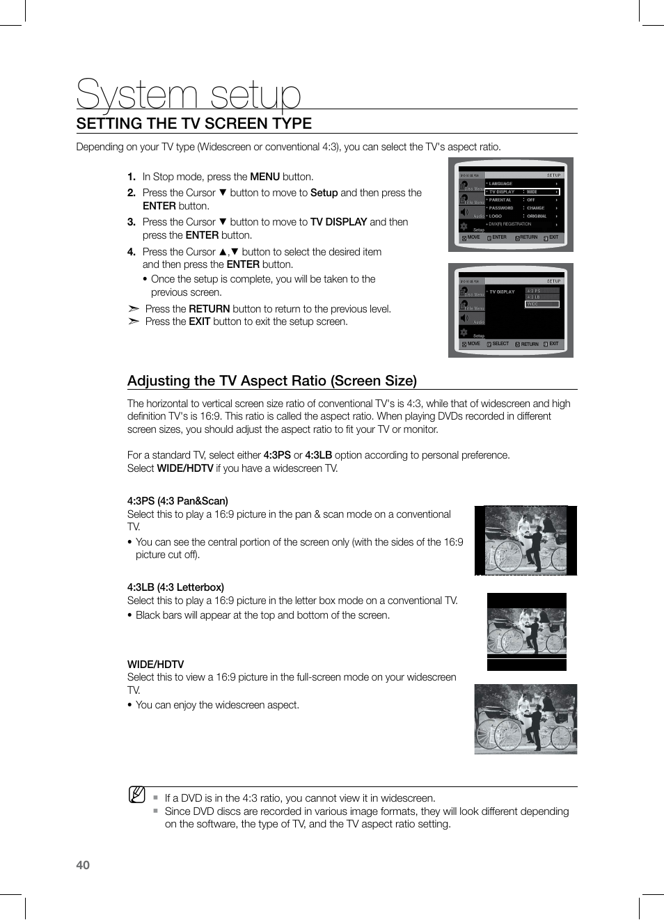 Setting the tv screen type, System setup, Adjusting the tv aspect ratio (screen size) | Samsung HT-TZ122 User Manual | Page 41 / 60