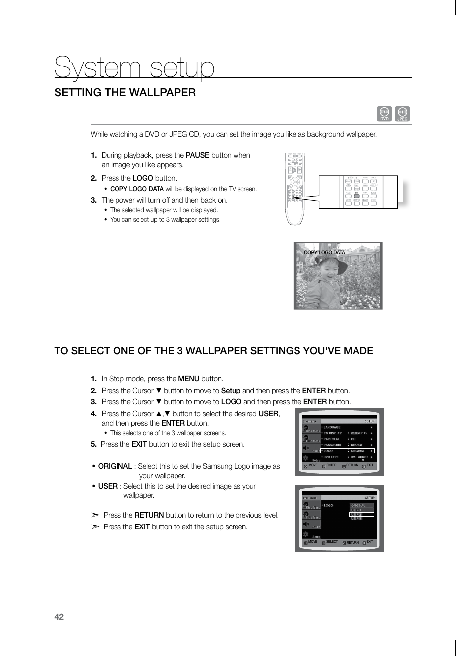 Setting the walpap er, System setup, Setting the wallpaper | Samsung HT-TZ122 User Manual | Page 43 / 60