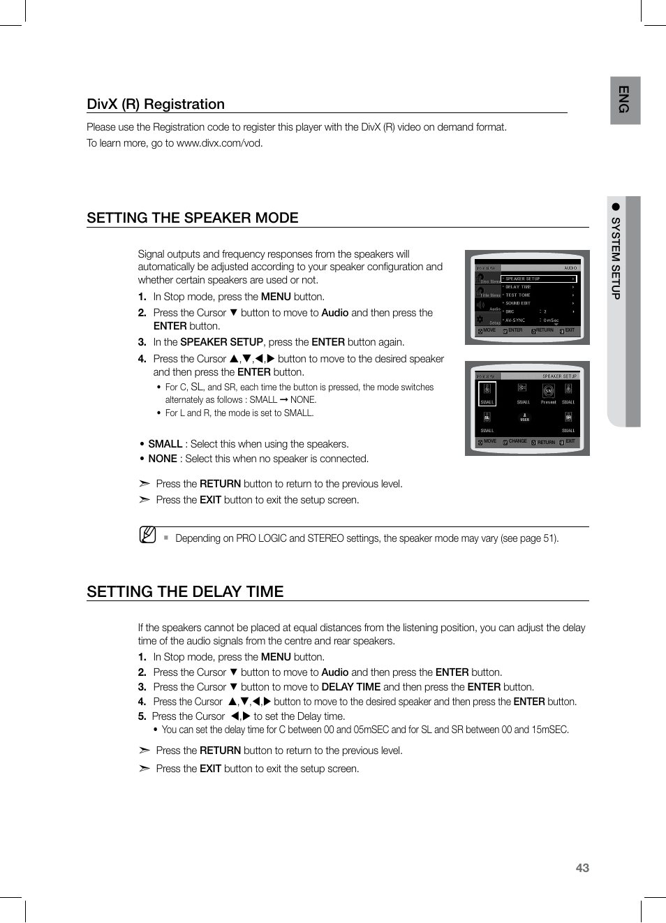 Setting the speaker mode, Setting the delay time, Divx (r) registration | En g | Samsung HT-TZ122 User Manual | Page 44 / 60