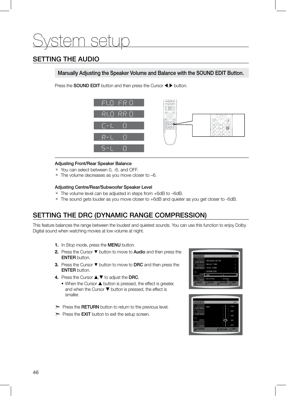 Setting the drc (dynamic range compression), System setup, Setting the audio | Samsung HT-TZ122 User Manual | Page 47 / 60