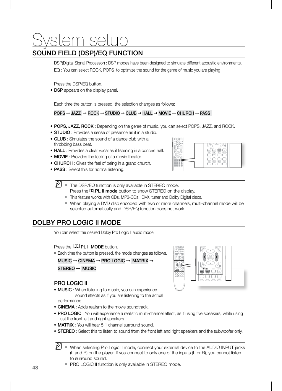 Sound field (dsp)/eq function, Dolby pro logic ii mode, System setup | Samsung HT-TZ122 User Manual | Page 49 / 60