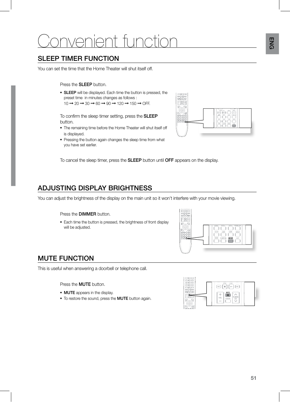 Convenient function, Sleep timer function, Adjusting display brightness | Mute function, En g | Samsung HT-TZ122 User Manual | Page 52 / 60