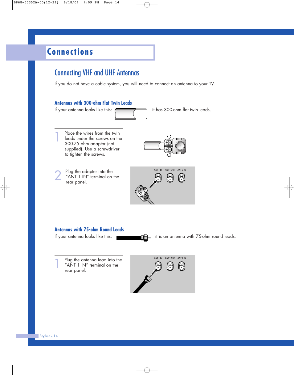 Connections, Connecting vhf and uhf antennas | Samsung HL-P5085W User Manual | Page 14 / 91