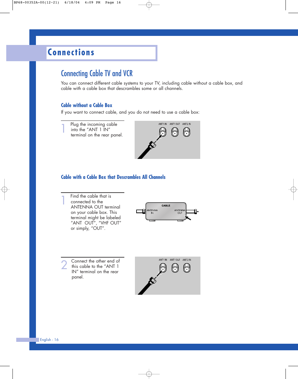 Connections, Connecting cable tv and vcr | Samsung HL-P5085W User Manual | Page 16 / 91