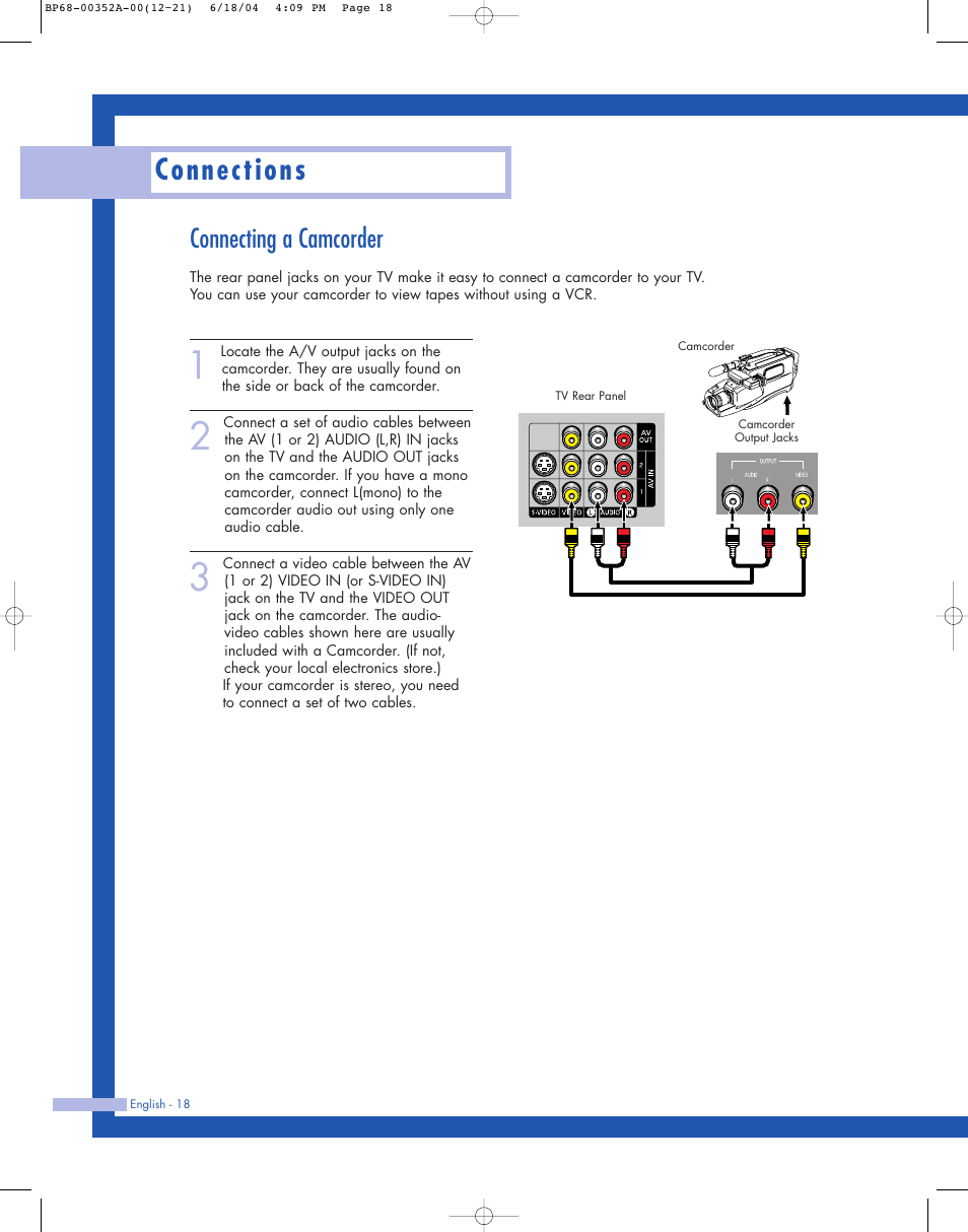 Connections, Connecting a camcorder | Samsung HL-P5085W User Manual | Page 18 / 91