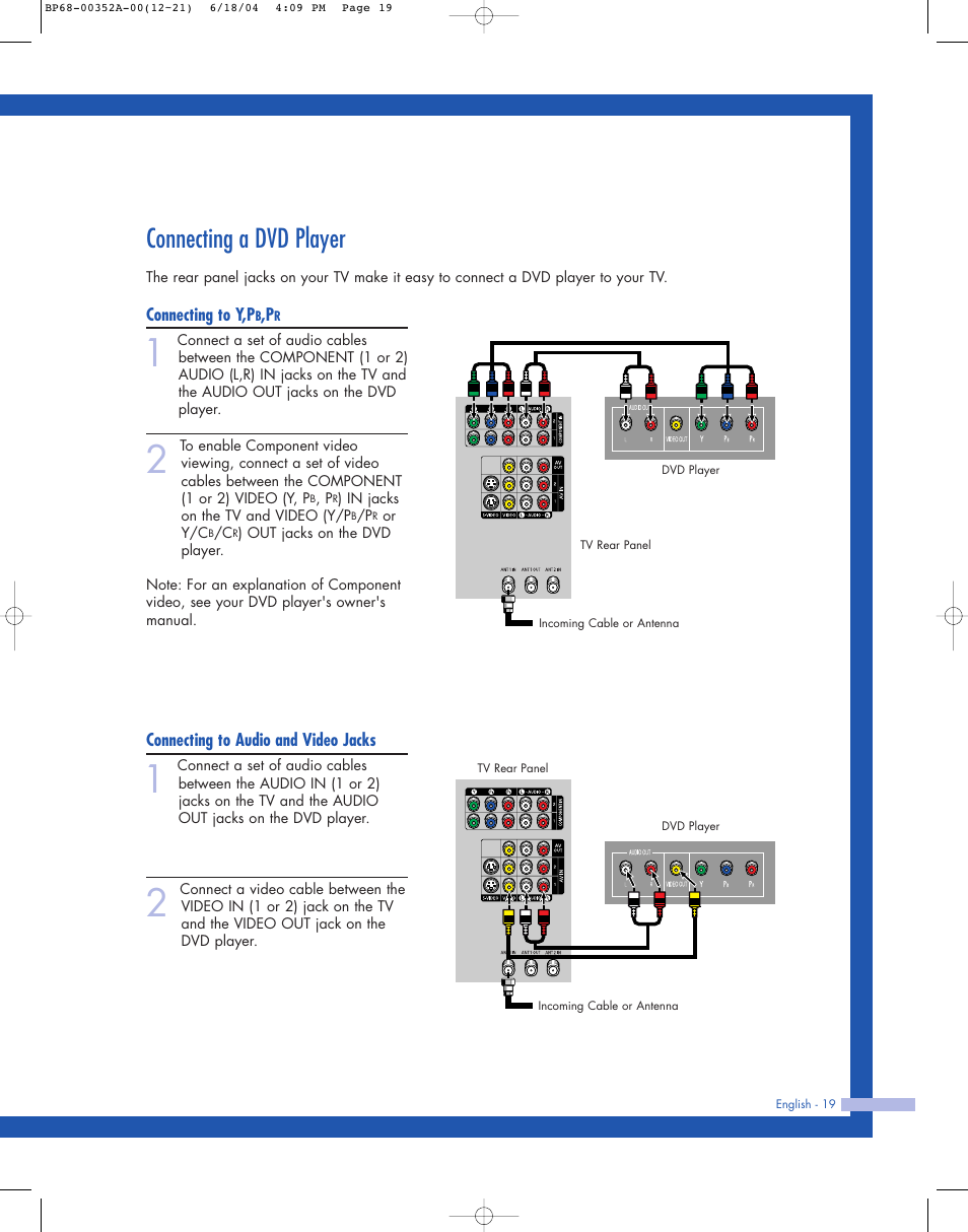 Connecting a dvd player | Samsung HL-P5085W User Manual | Page 19 / 91