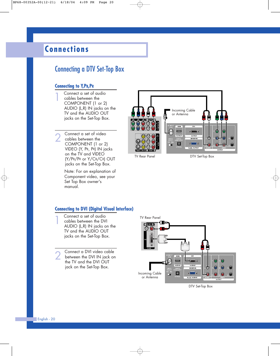 Connections, Connecting a dtv set-top box | Samsung HL-P5085W User Manual | Page 20 / 91