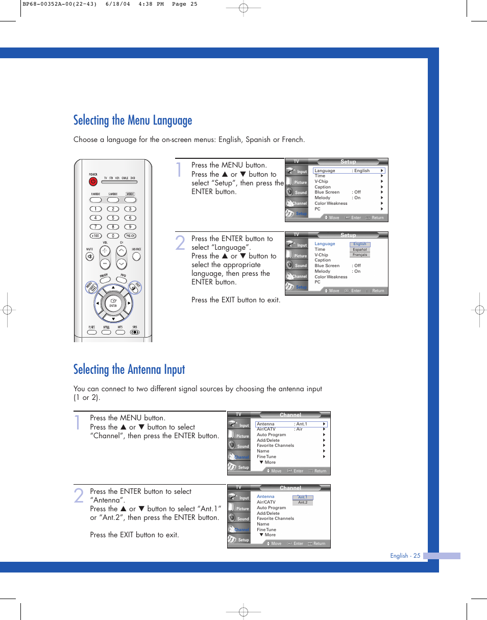 Selecting the menu language, Selecting the antenna input | Samsung HL-P5085W User Manual | Page 25 / 91