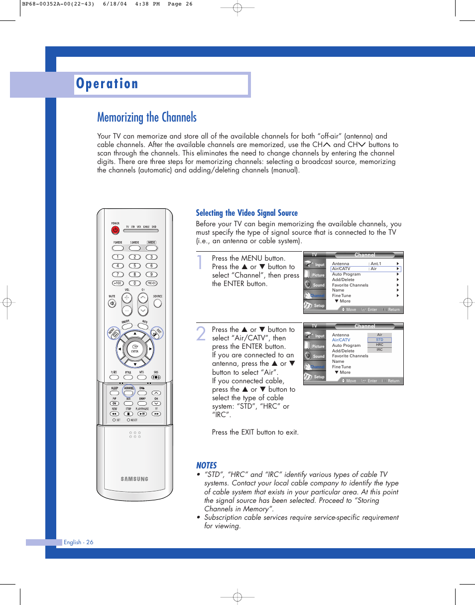 Operation, Selecting the video signal source | Samsung HL-P5085W User Manual | Page 26 / 91