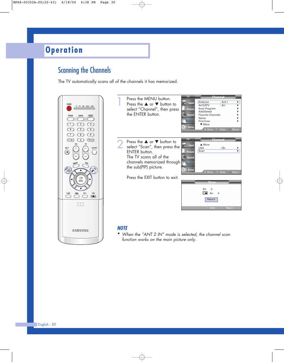 Operation, Scanning the channels | Samsung HL-P5085W User Manual | Page 30 / 91