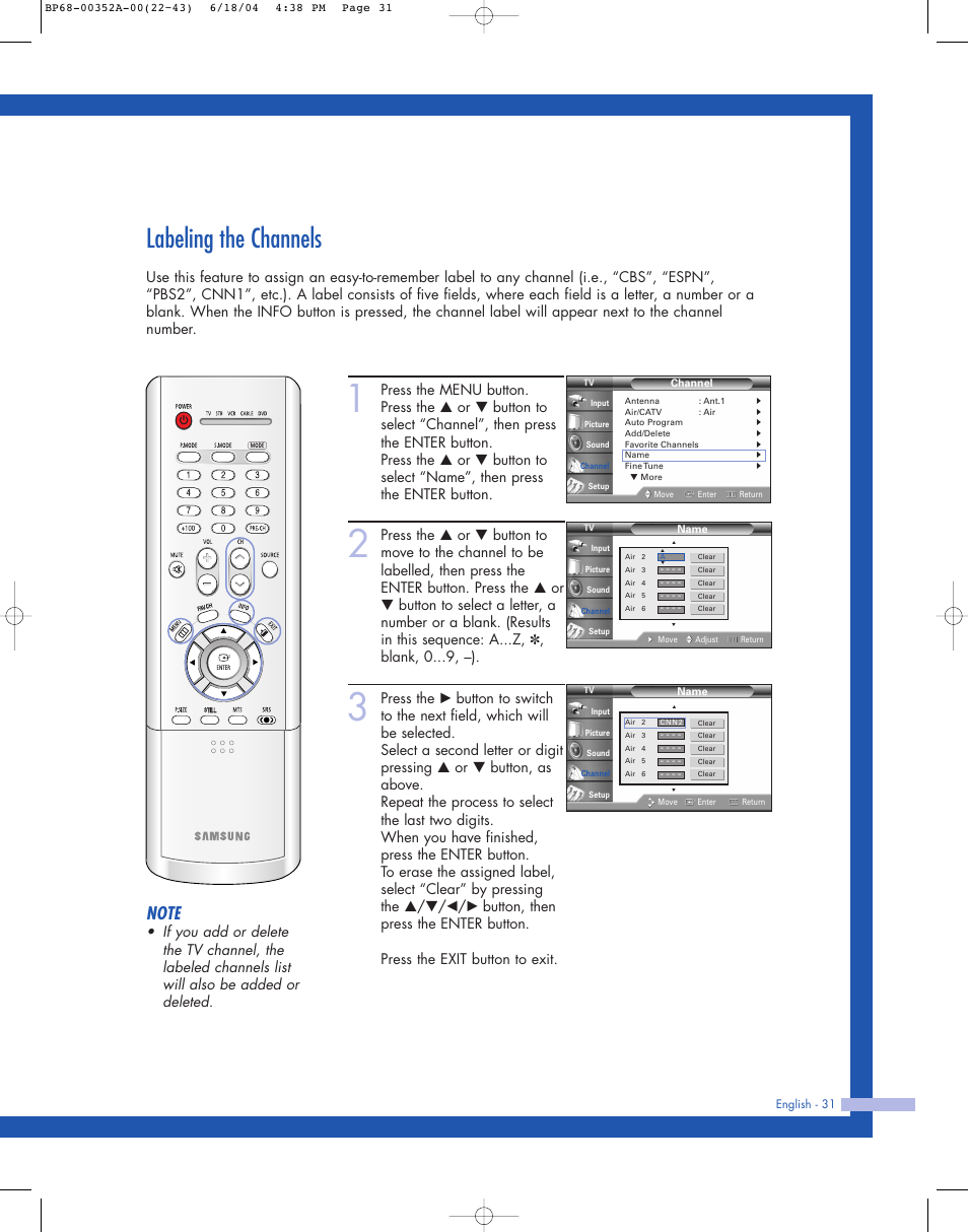 Labeling the channels | Samsung HL-P5085W User Manual | Page 31 / 91