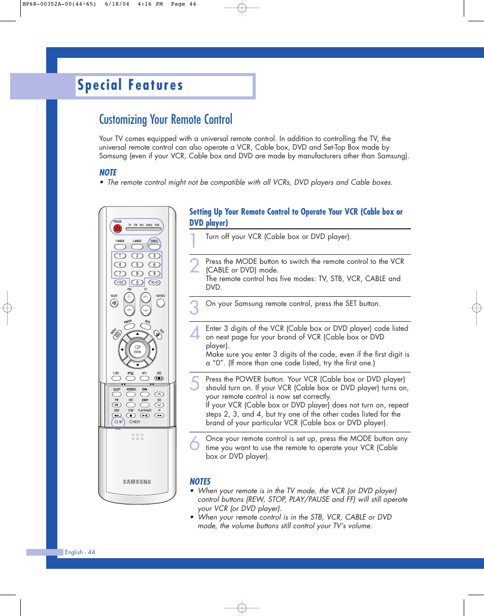 Special features, Customizing your remote control | Samsung HL-P5085W User Manual | Page 44 / 91