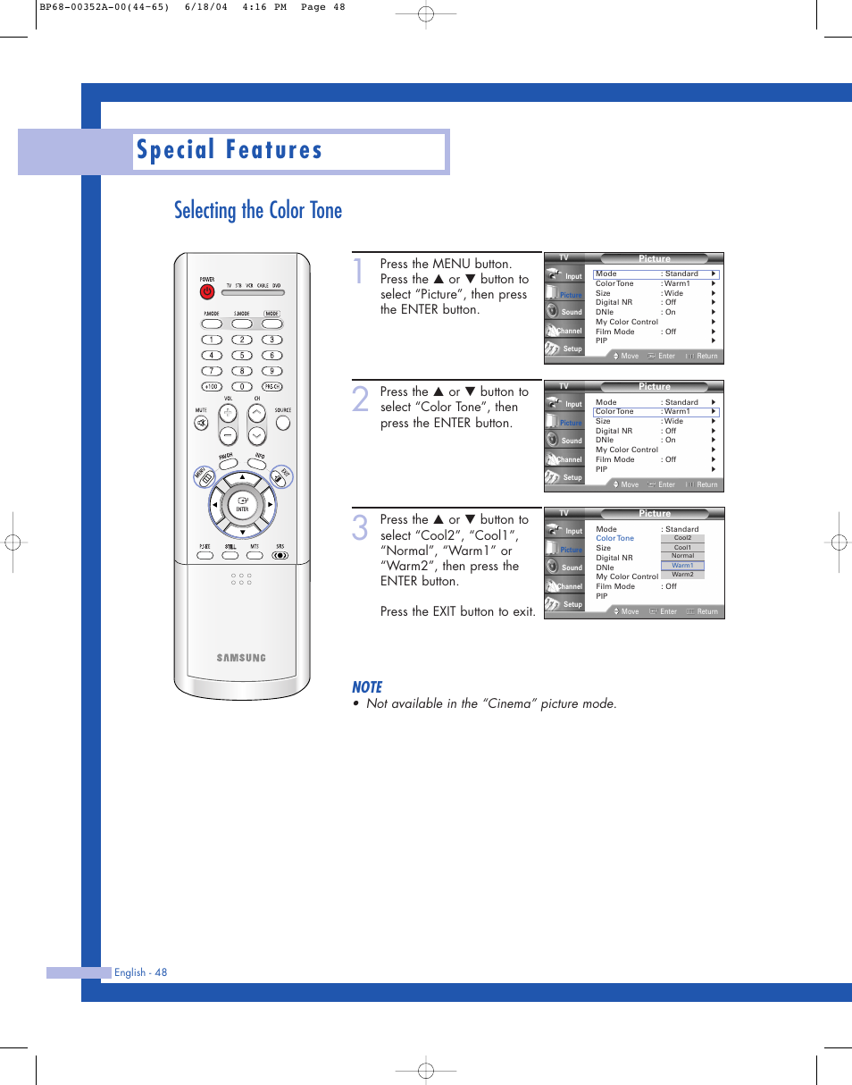 Special features, Selecting the color tone, Not available in the “cinema” picture mode | Samsung HL-P5085W User Manual | Page 48 / 91