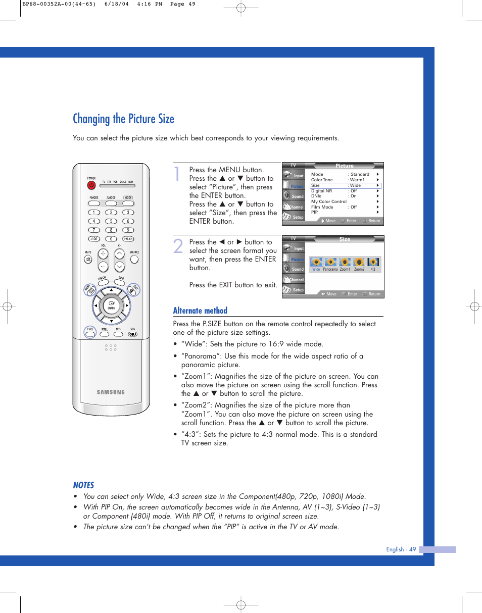 Changing the picture size, Alternate method | Samsung HL-P5085W User Manual | Page 49 / 91