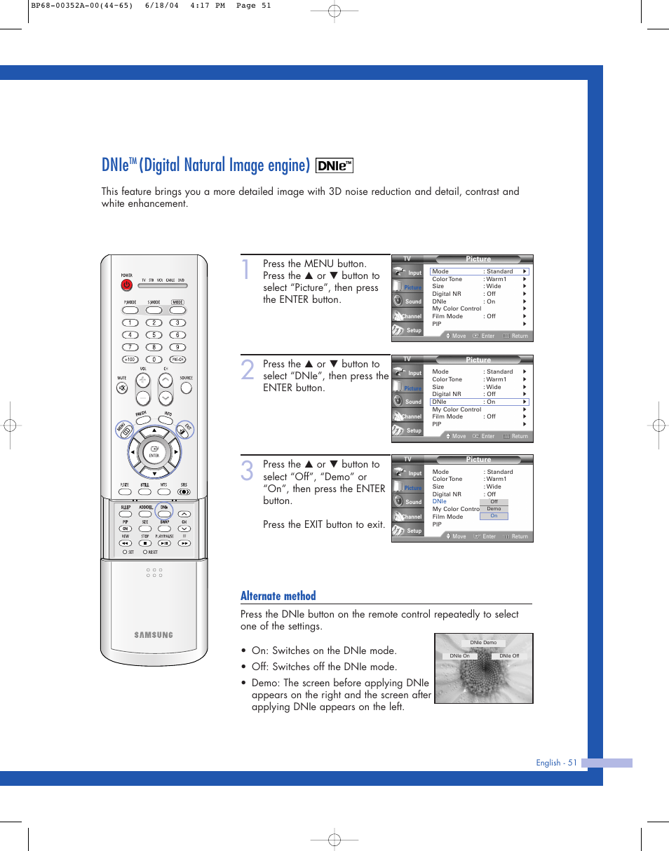 Dnie, Digital natural image engine), Alternate method | Samsung HL-P5085W User Manual | Page 51 / 91