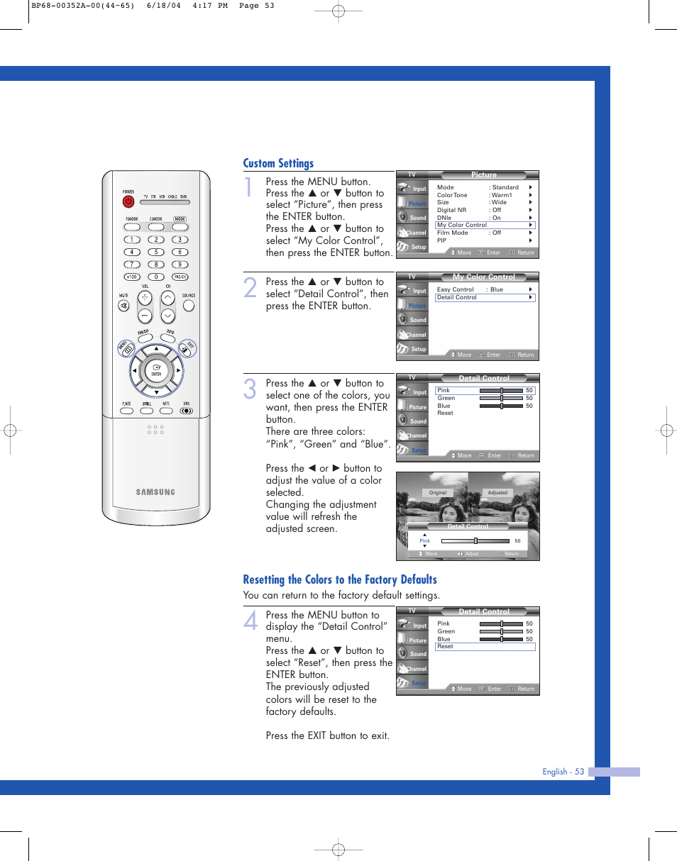 Custom settings, Resetting the colors to the factory defaults, You can return to the factory default settings | Samsung HL-P5085W User Manual | Page 53 / 91