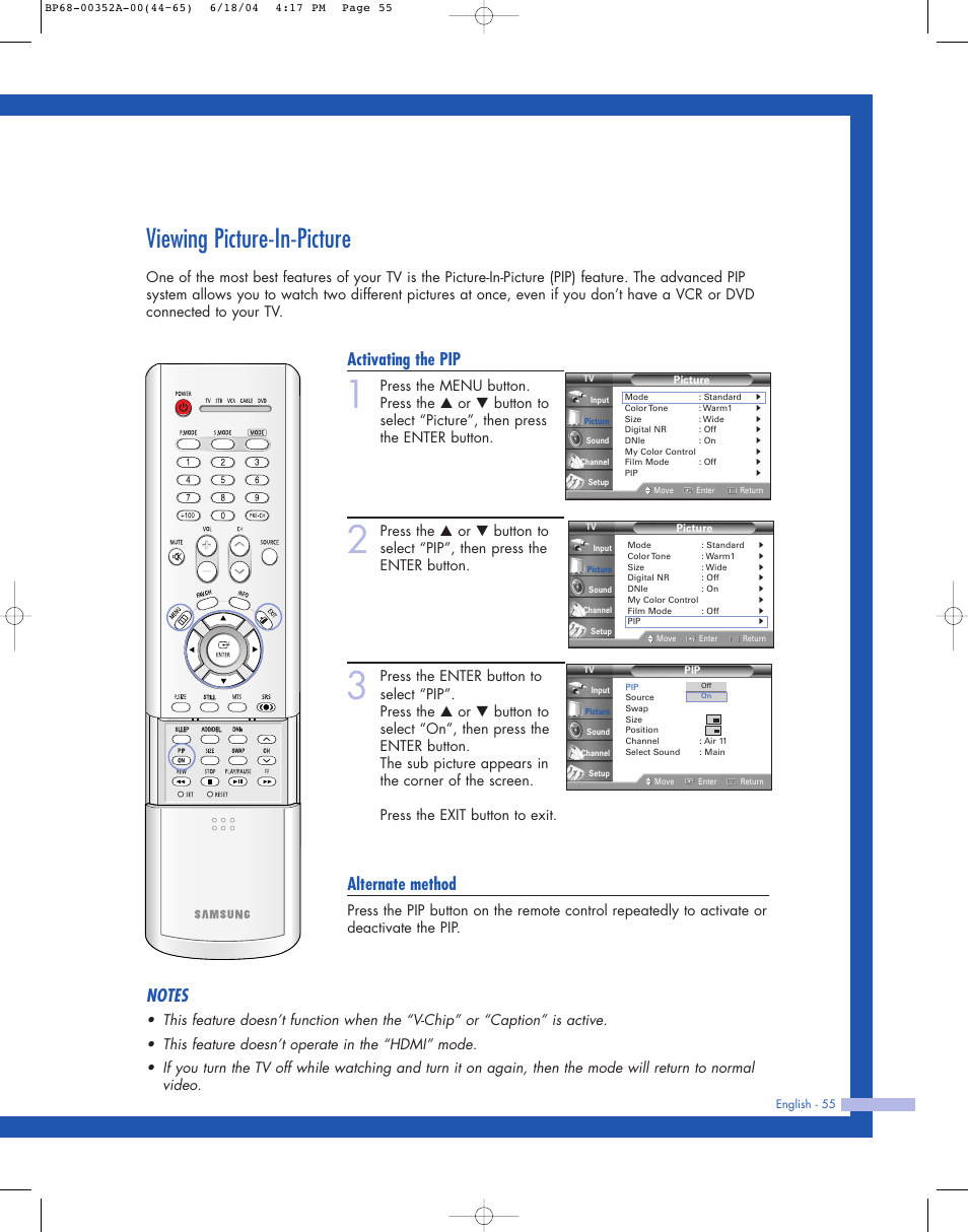 Viewing picture-in-picture, Activating the pip, Alternate method | Samsung HL-P5085W User Manual | Page 55 / 91