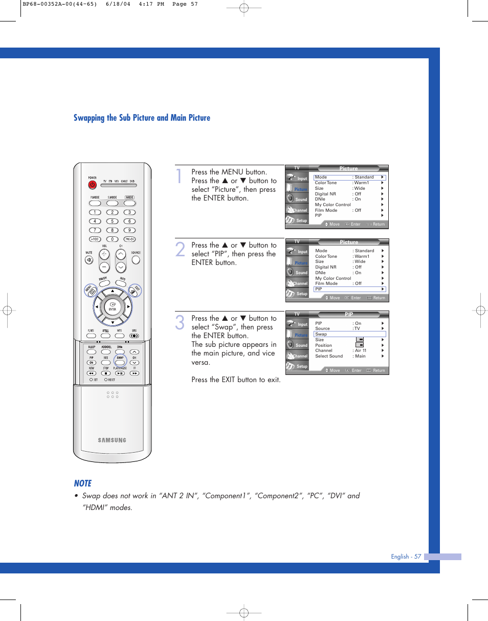 Swapping the sub picture and main picture | Samsung HL-P5085W User Manual | Page 57 / 91