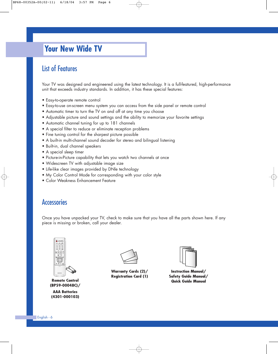 Your new wide tv, List of features, Accessories | Samsung HL-P5085W User Manual | Page 6 / 91