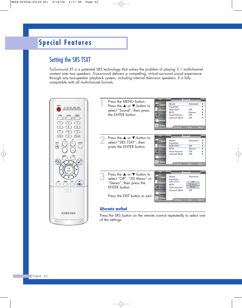 Special features, Setting the srs tsxt, Alternate method | Samsung HL-P5085W User Manual | Page 62 / 91