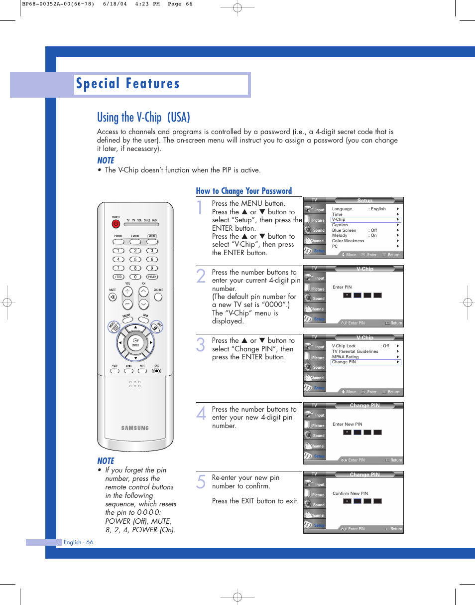 Special features, Using the v-chip (usa), How to change your password | Samsung HL-P5085W User Manual | Page 66 / 91