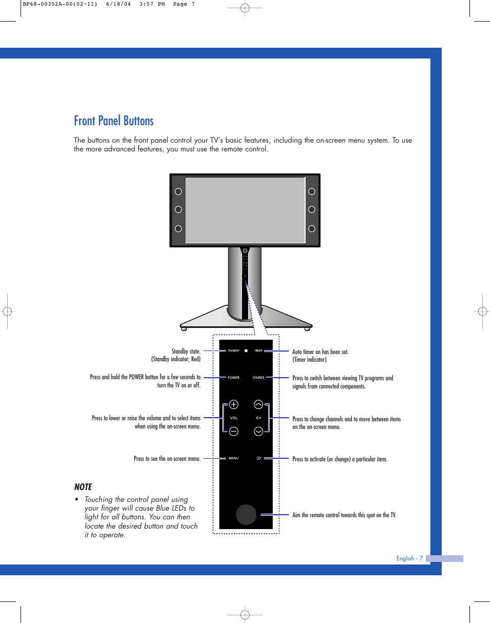 Front panel buttons | Samsung HL-P5085W User Manual | Page 7 / 91