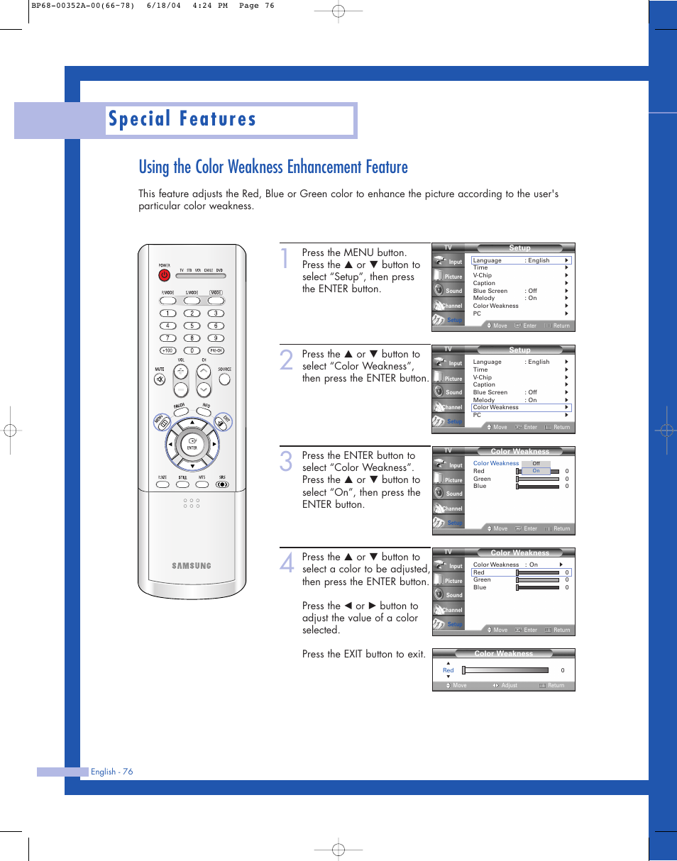 Special features, Using the color weakness enhancement feature | Samsung HL-P5085W User Manual | Page 76 / 91