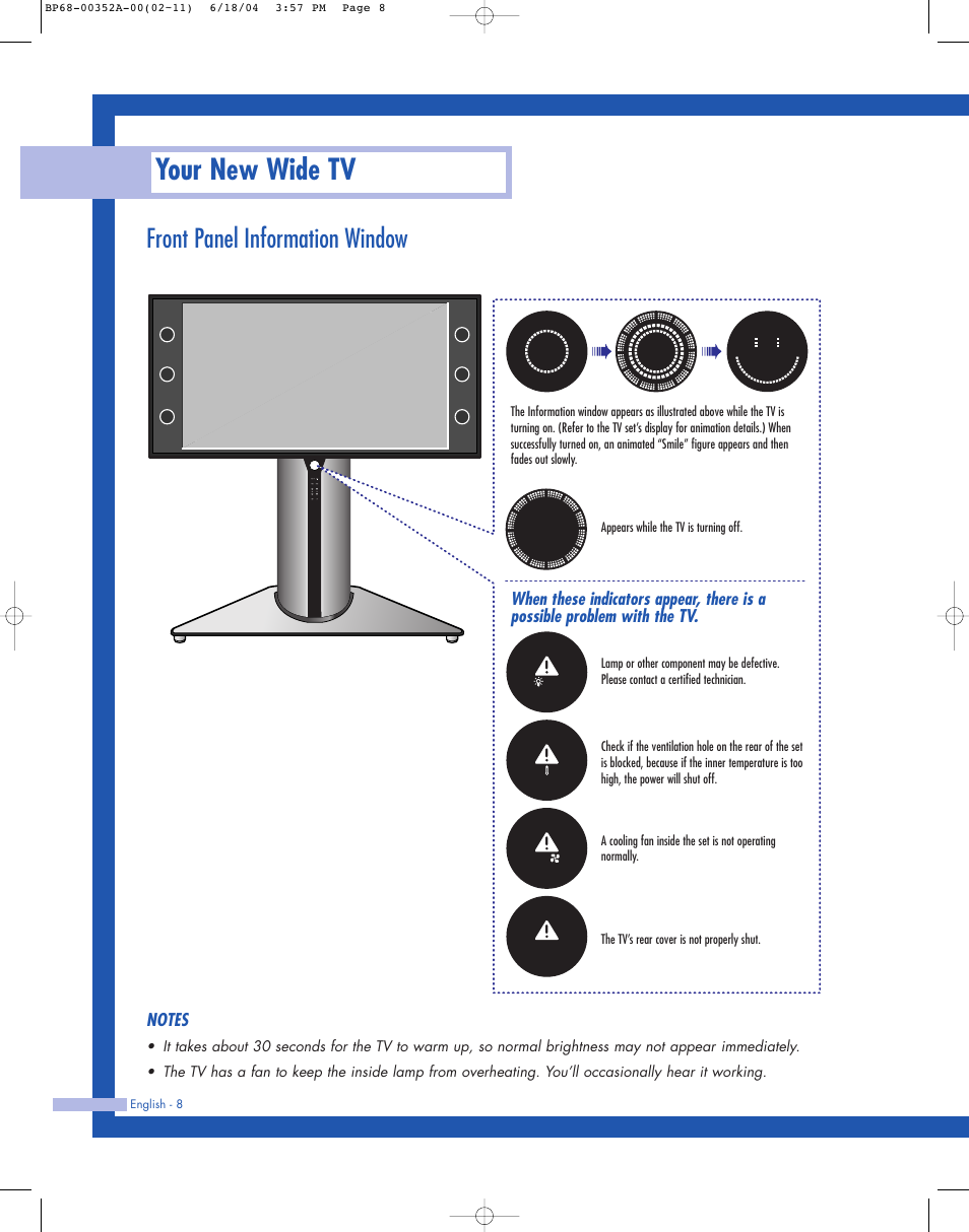 Your new wide tv, Front panel information window | Samsung HL-P5085W User Manual | Page 8 / 91