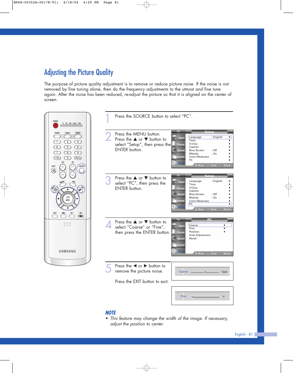 Adjusting the picture quality, Press the source button to select “pc | Samsung HL-P5085W User Manual | Page 81 / 91