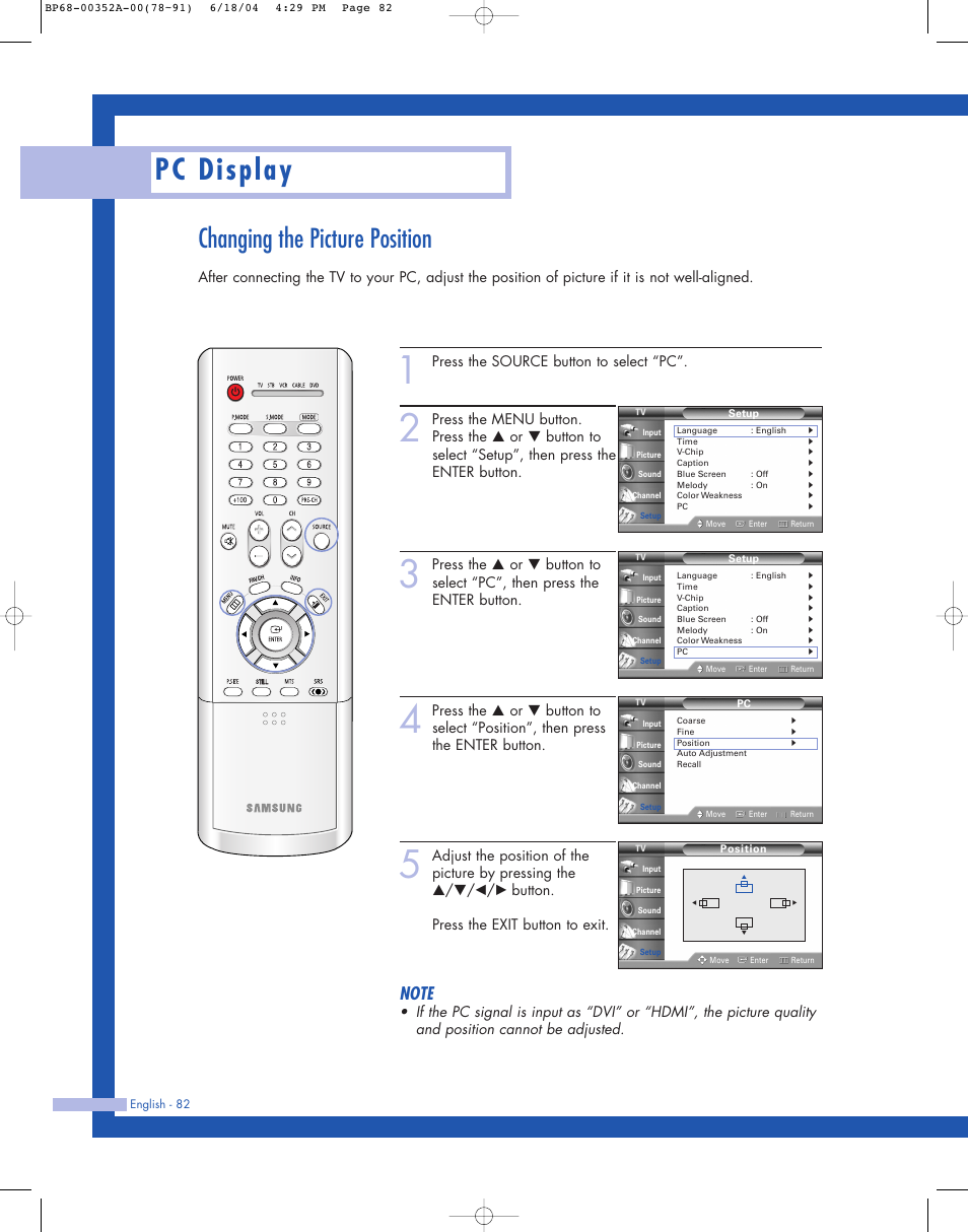 Pc display, Changing the picture position, Press the source button to select “pc | Samsung HL-P5085W User Manual | Page 82 / 91