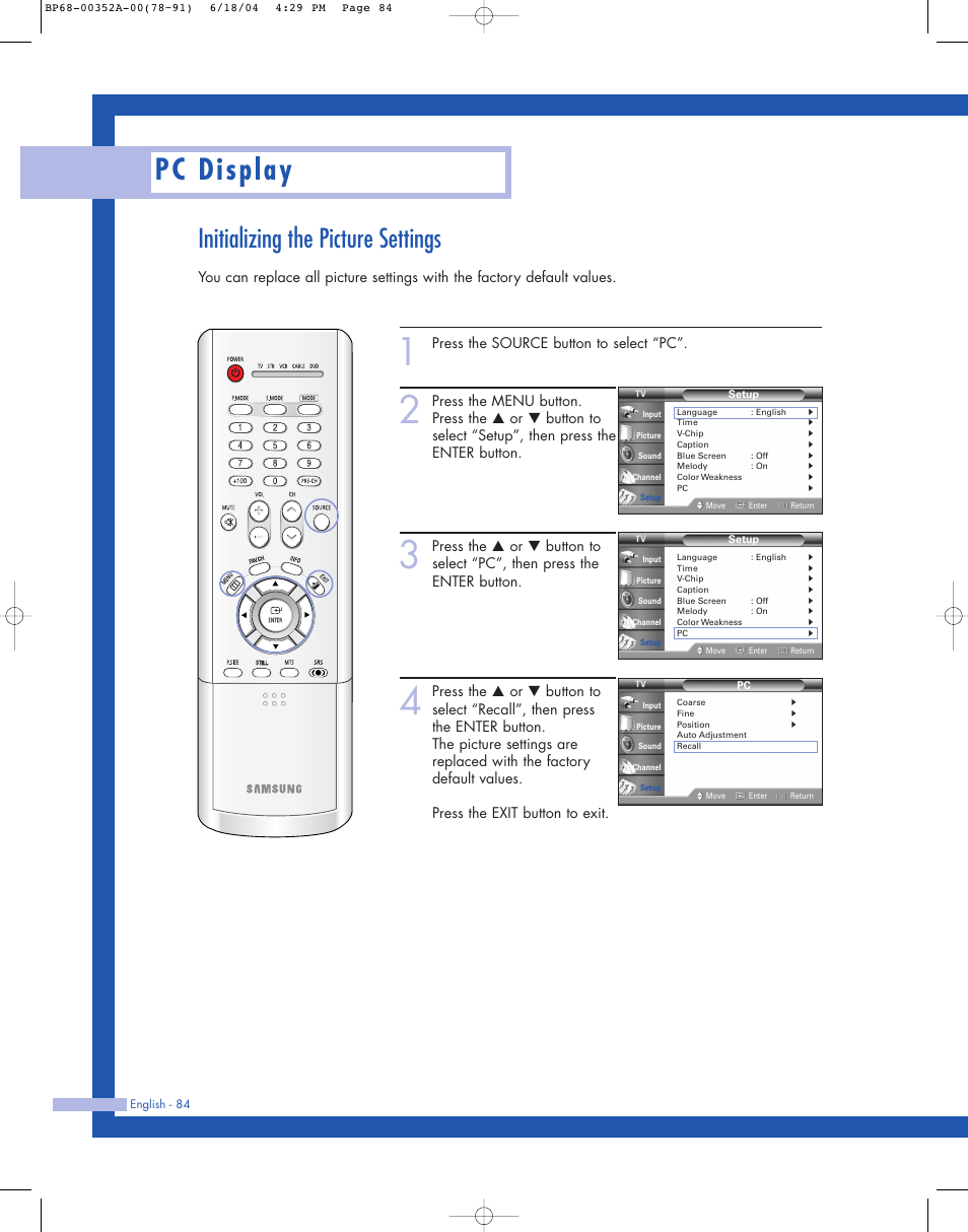 Pc display, Initializing the picture settings, Press the source button to select “pc | Samsung HL-P5085W User Manual | Page 84 / 91