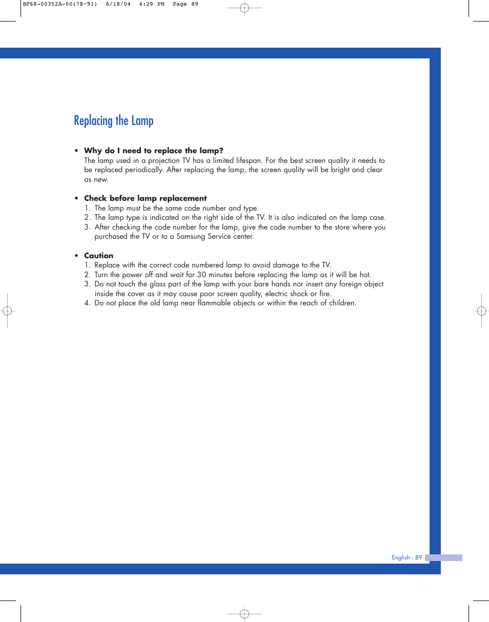 Replacing the lamp | Samsung HL-P5085W User Manual | Page 89 / 91