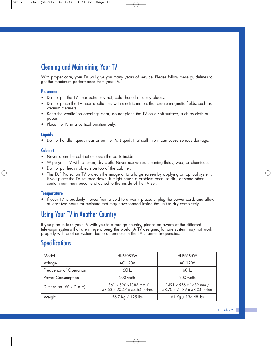 Cleaning and maintaining your tv, Using your tv in another country, Specifications | Samsung HL-P5085W User Manual | Page 91 / 91