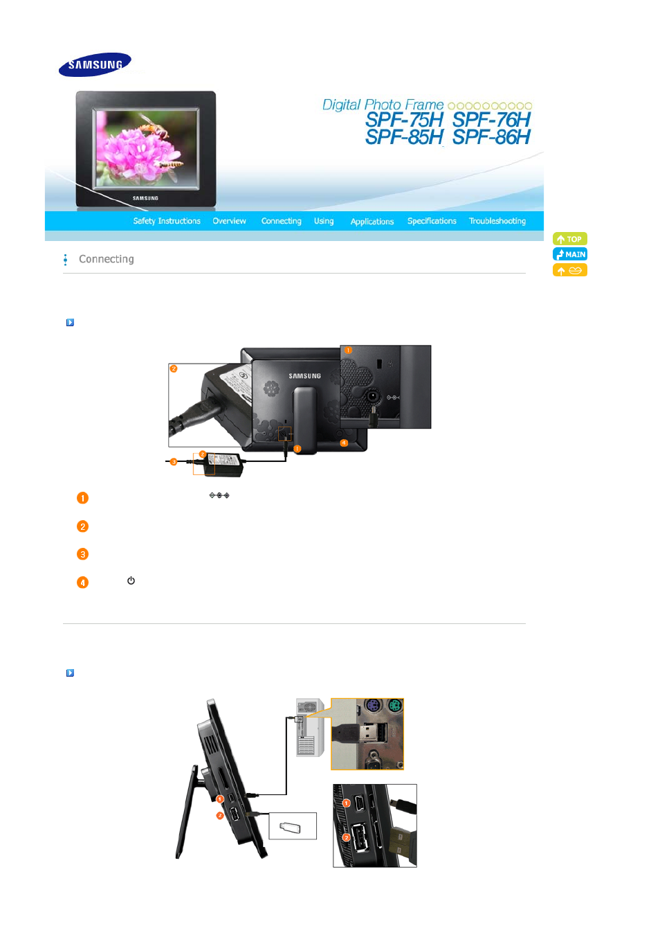Connecting, Power | Samsung SPF-86H User Manual | Page 11 / 27