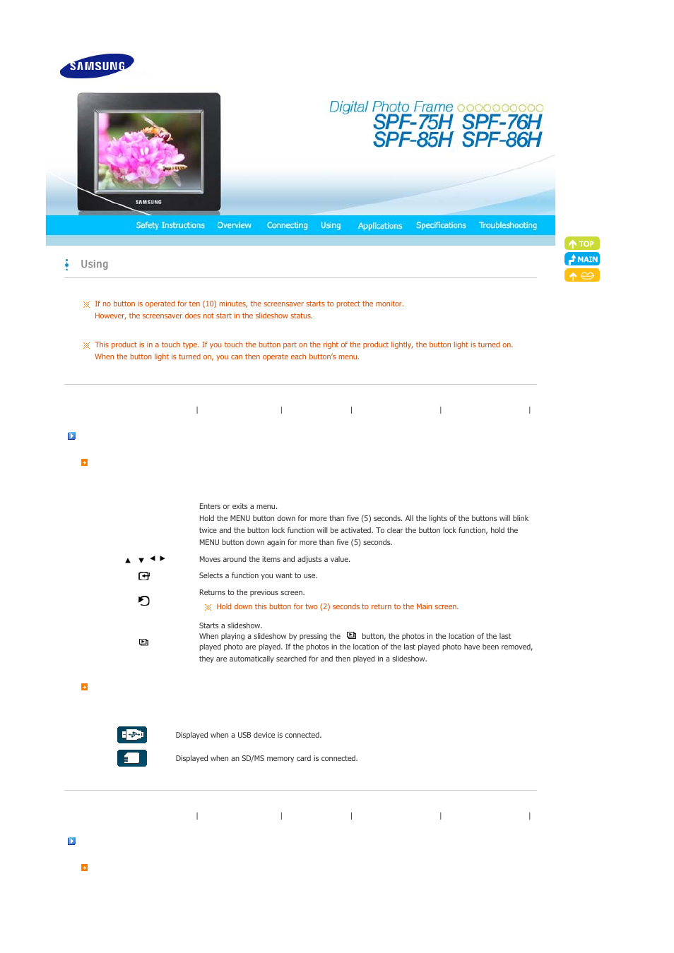 Using, Usage guide | Samsung SPF-86H User Manual | Page 13 / 27