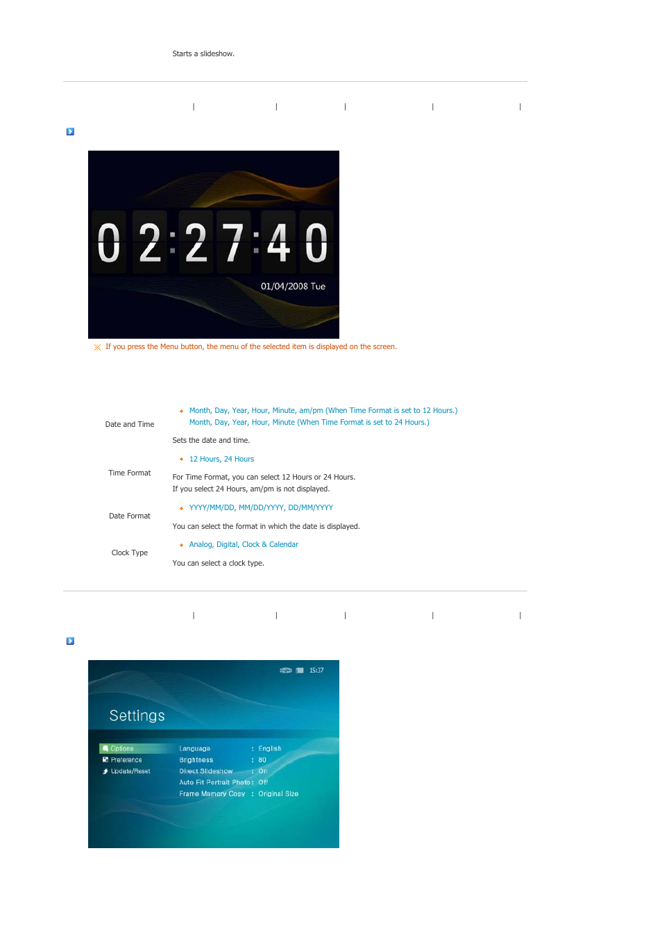 Clock, Settings | Samsung SPF-86H User Manual | Page 16 / 27