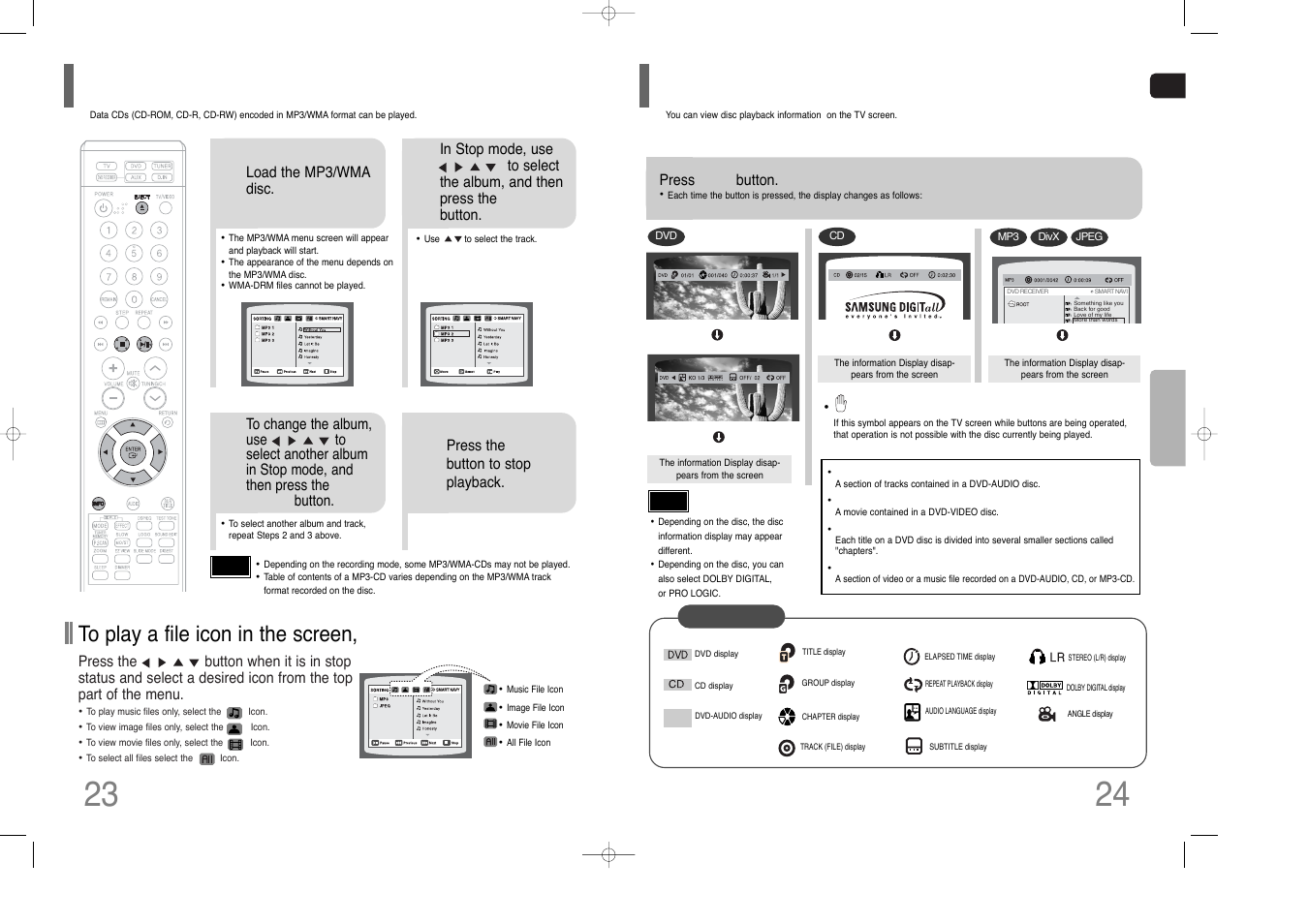 Mp3/wma-cd playback, Displaying disc information | Samsung HT-XQ100G User Manual | Page 13 / 36