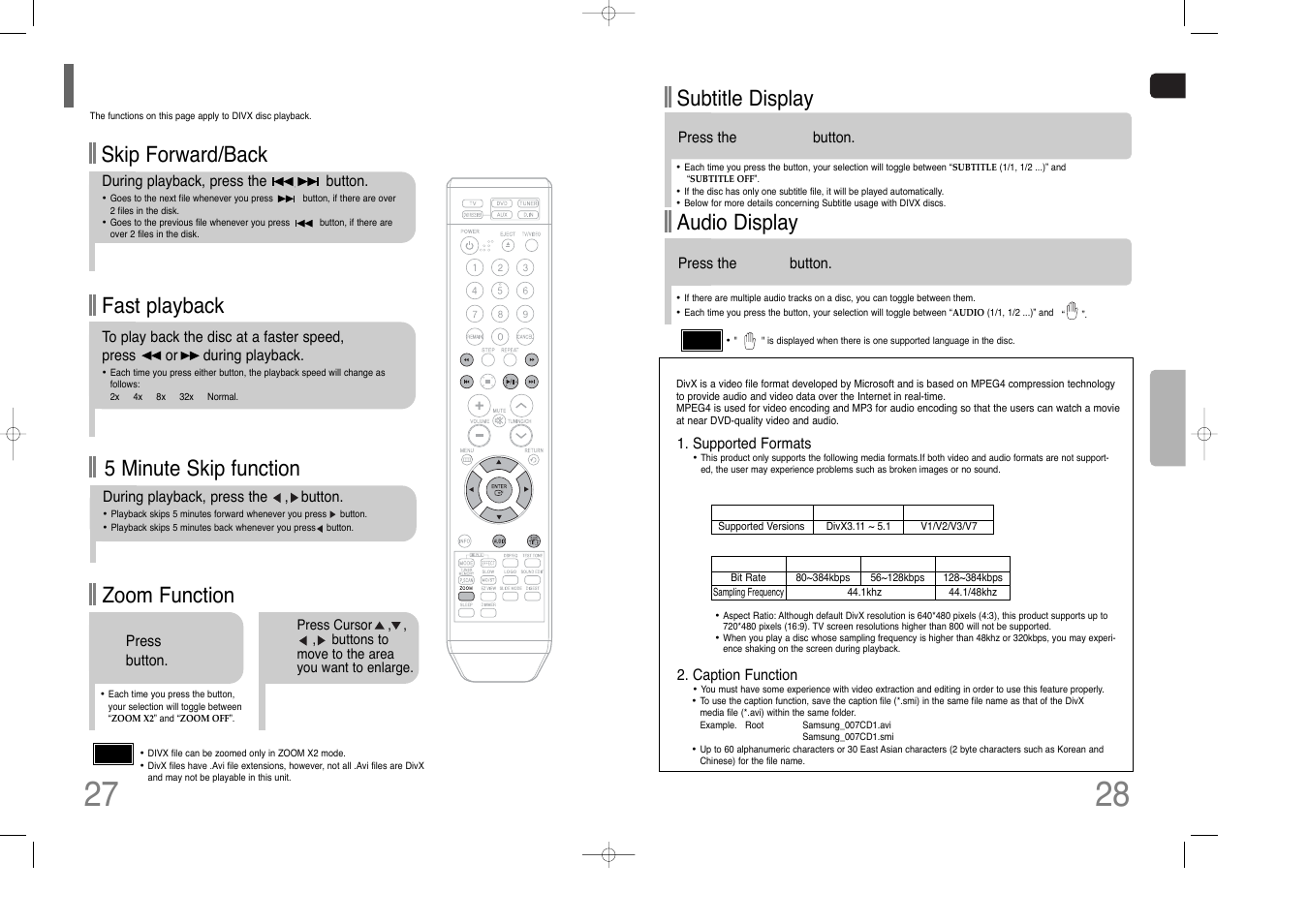 Divx playback, Fast playback, Skip forward/back | Zoom function, 5 minute skip function, Subtitle display, Audio display | Samsung HT-XQ100G User Manual | Page 15 / 36