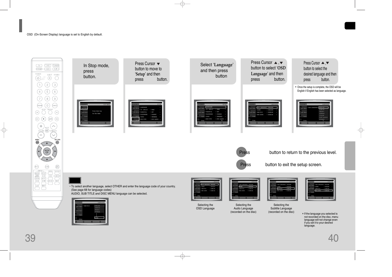 Setting the language, Setting the language 39 | Samsung HT-XQ100G User Manual | Page 21 / 36