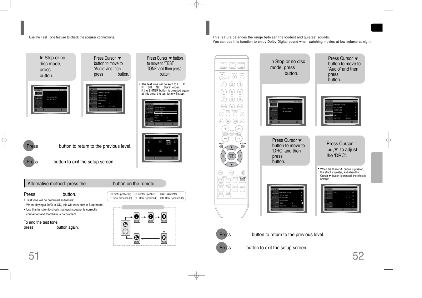 Setting the test tone, Setting the drc (dynamic range compression), Setting the drc | Dynamic range compression) | Samsung HT-XQ100G User Manual | Page 27 / 36