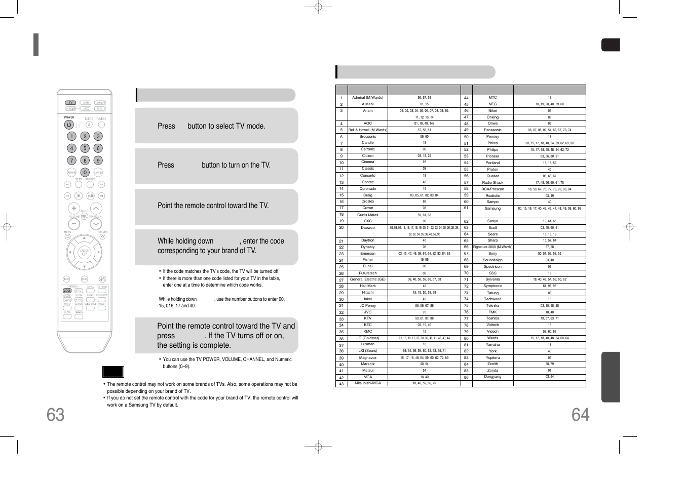 Operating a tv with the remote control, When operating a tv with the remote control, Press tv button to select tv mode | Press power button to turn on the tv, Point the remote control toward the tv, Tv brand code list, Miscellaneous | Samsung HT-XQ100G User Manual | Page 33 / 36