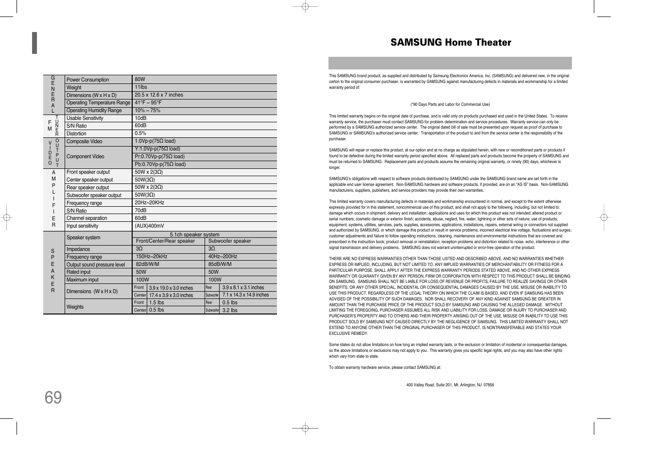 Specifications, Specifications 69, Samsung home theater | Samsung HT-XQ100G User Manual | Page 36 / 36