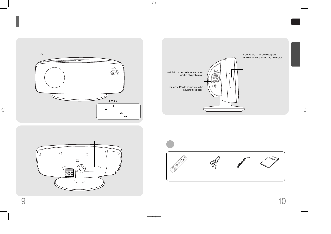 Description, 10 description, Rear panel— —side panel | Front panel, Accessories | Samsung HT-XQ100G User Manual | Page 6 / 36